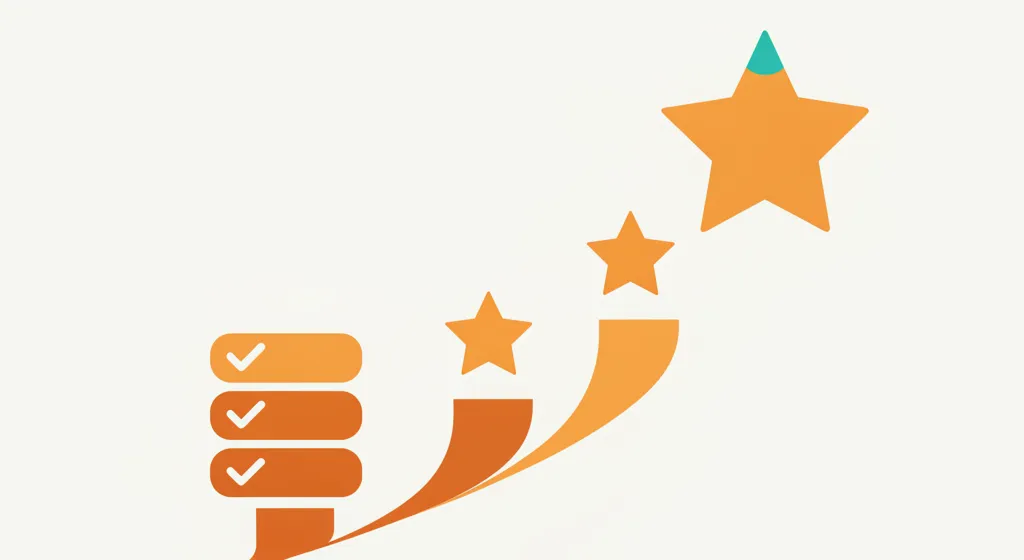 Abstract illustration of a checklist leveling up along an upward arrow toward a star
